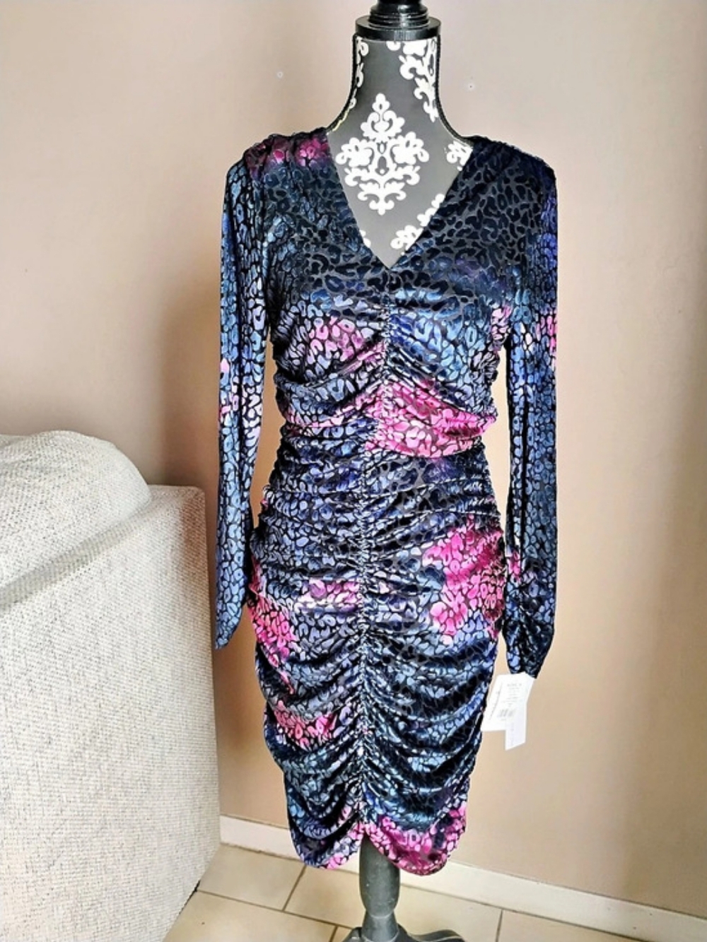Nicole Miller Animal Print Ruched Mini Dress in Blue & Pink Size 10 NWT